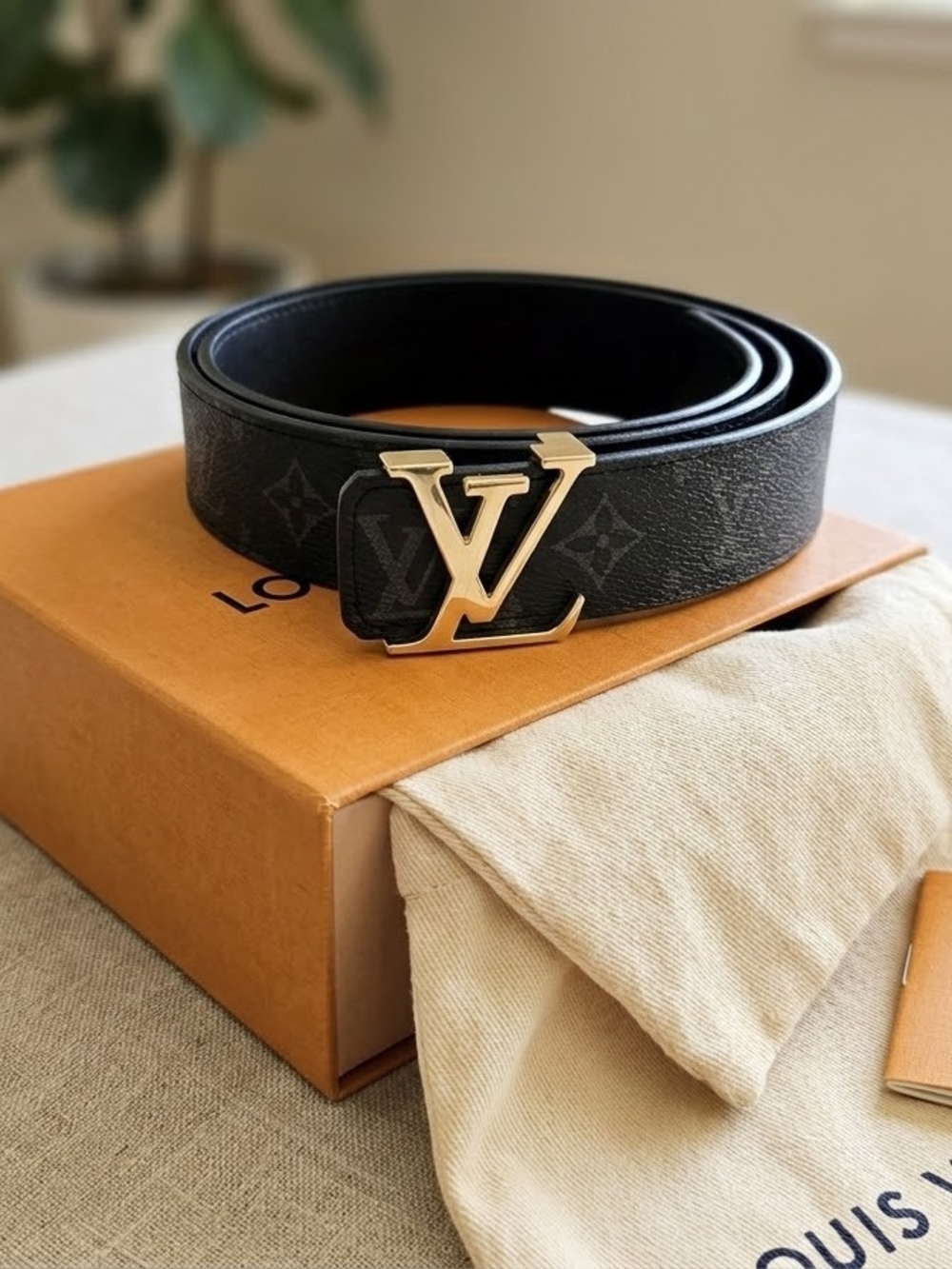 Louis Vuitton Black Monogram Belt with Gold LV Buckle